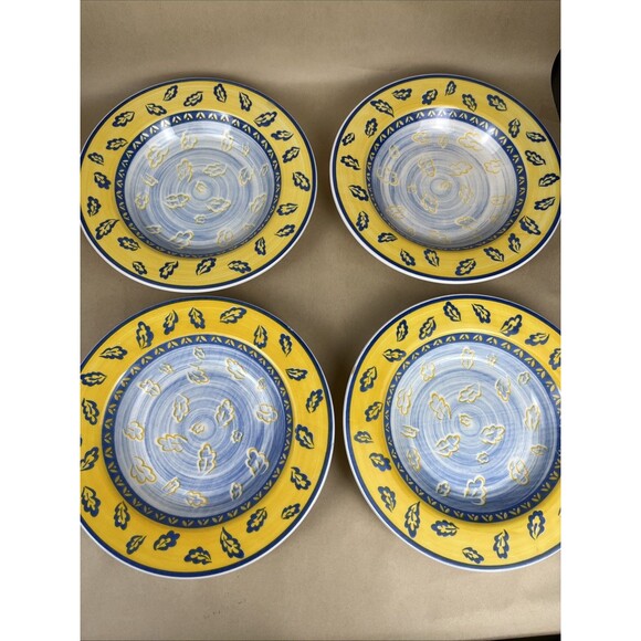 Set Of 4 Quadrifoglio Blue & Yellow Leaf Pattern Bowls 8 3/4” Made in Italy - Picture 3 of 10